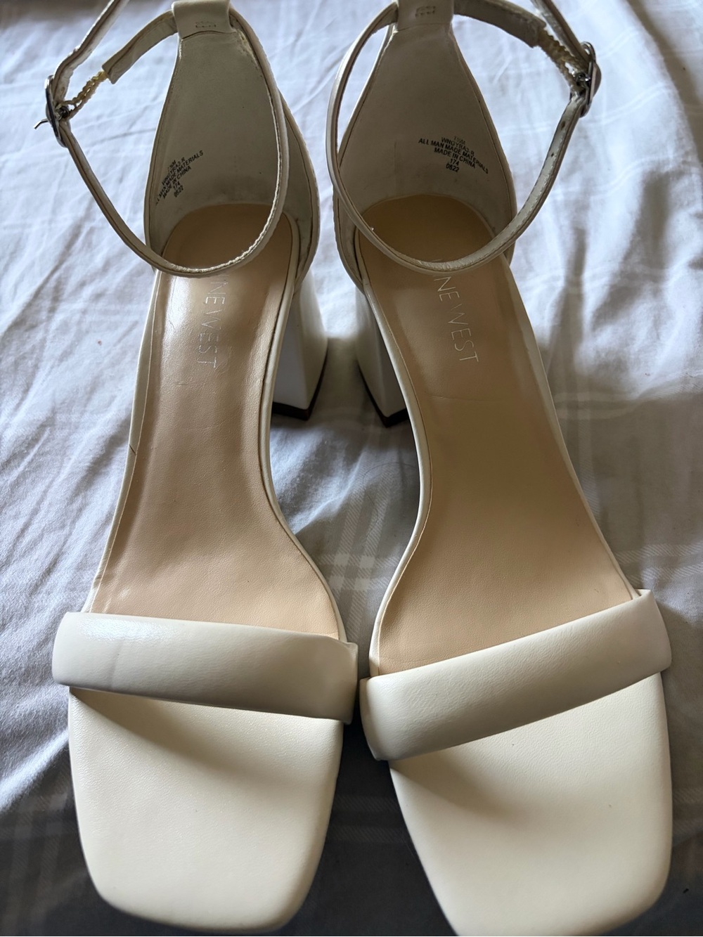 Nine West Cream Square-Toe Ankle-Strap Block Heels